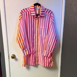 Beach Riot Pink and Orange Striped Button-Up Coverup